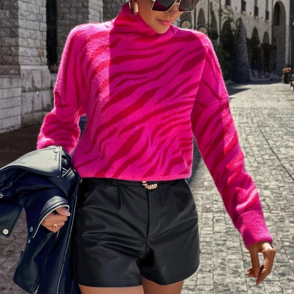 Hot pink Casual Womens Zebra Striped Pattern High Neck Drop Shoulder Sweater - Picture 4 of 5